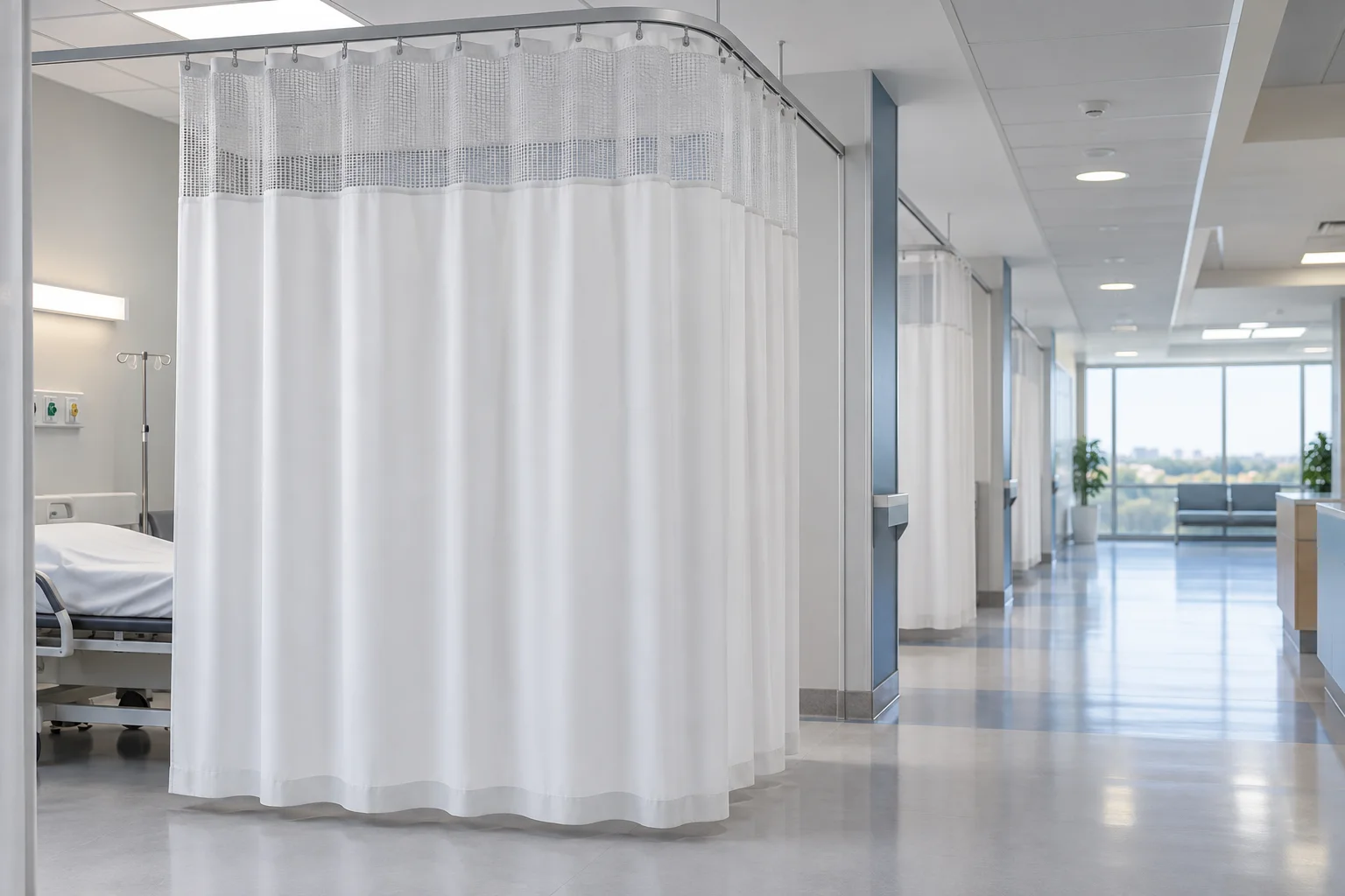 Imagem ilustrativa de cortina divisória instalada em um corredor hospitalar.