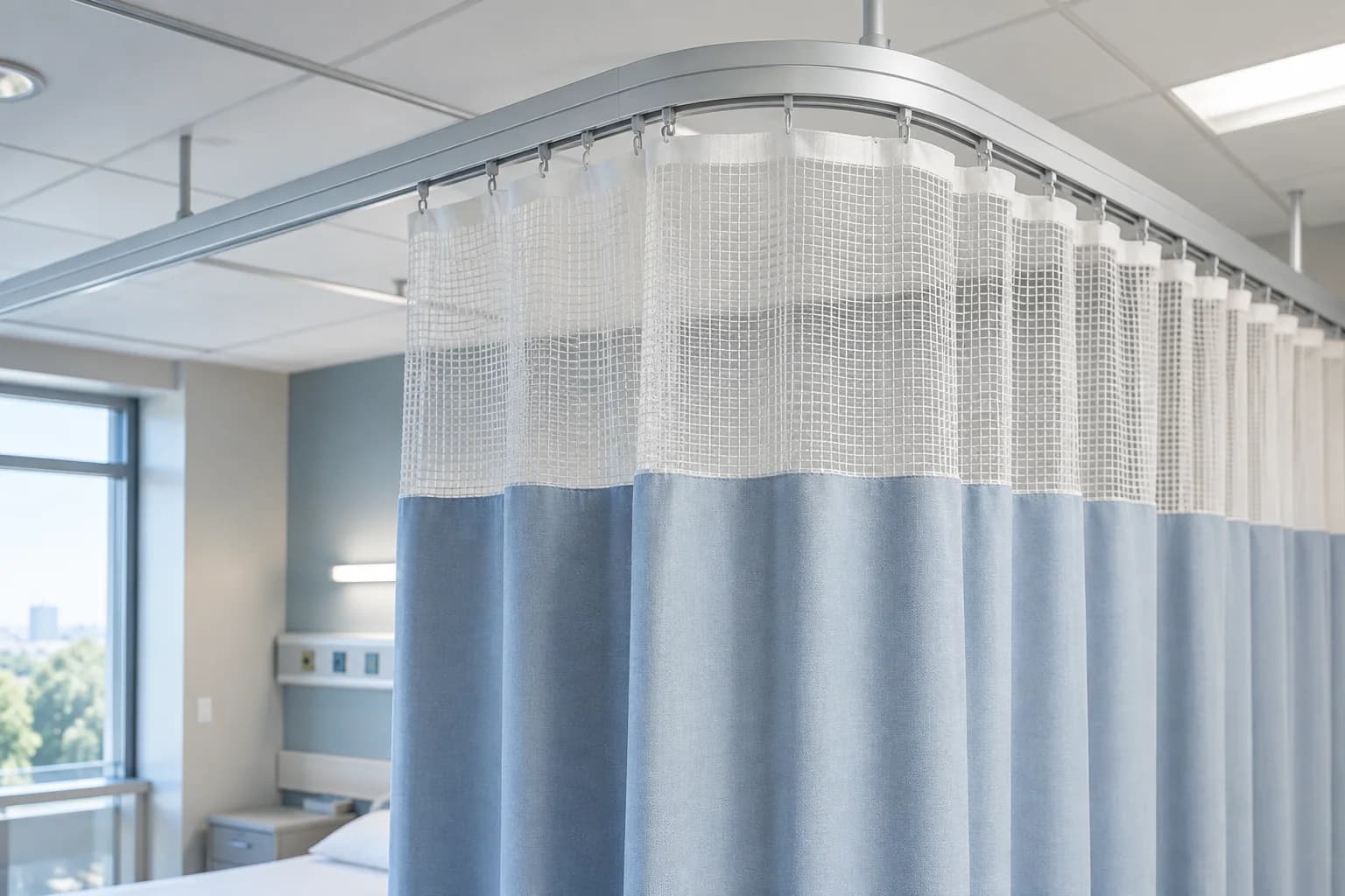 Imagem ilustrativa de trilho superior, tela e cortina divisória em um ambiente hospitalar.