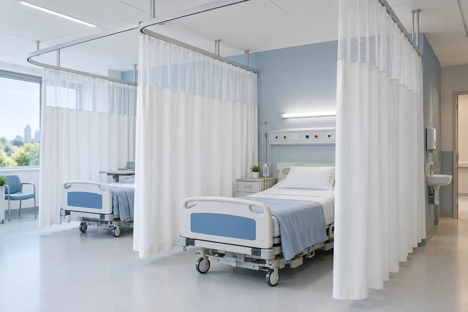Imagem ilustrativa de cortinas divisórias separando leitos em um quarto hospitalar.